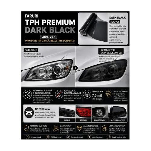 Folie protectie faruri si stopuri TPH Premium Dark Black 30% VLT cu regenerare 60cm x 60cm