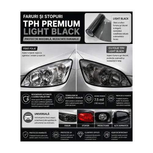 Folie protectie faruri si stopuri TPH Premium Light Black 50% VLT cu regenerare 60cm x 60cm