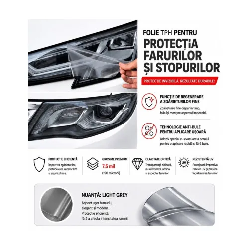 Folie protectie faruri si stopuri TPH Premium Light Grey fumuriu deschis cu regenerare 7.5m x 60cm