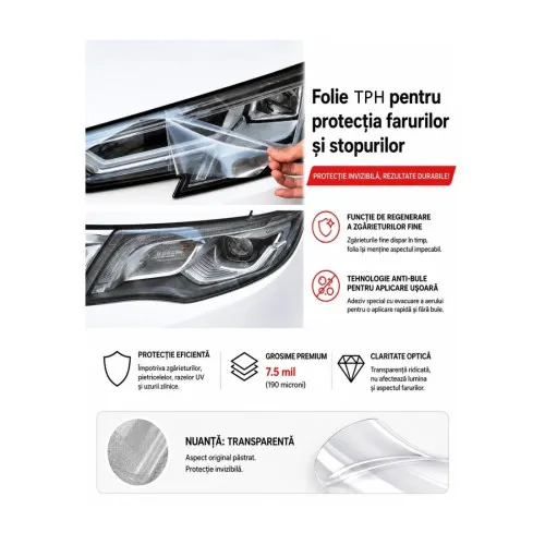 Folie protectie faruri si stopuri TPH Premium transparenta cu regenerare 7m x 60cm