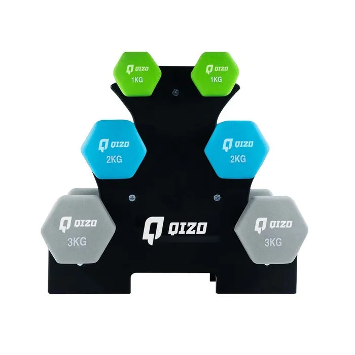 Gantere Qizo HKDBS401-2, metal cu invelis neopren, verde + albastru + gri, set 6 bucati 1 kg - 2 kg - 3 kg, cu suport