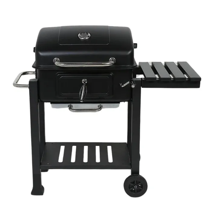 Gratar gradina cu carbuni, portabil, cu roti de deplasare, din otel, 110 x 65 x 104 cm, cu capac, cu ceas de temperatura, cu masuta, Grunman Vulcano FT01-0163