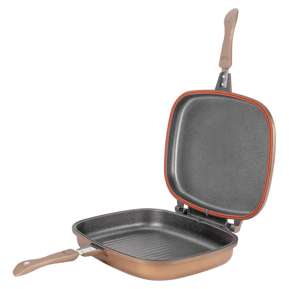 Grill dublu Neoklein DGR36, aluminiu, invelis titan antiaderent, 36 cm, auriu