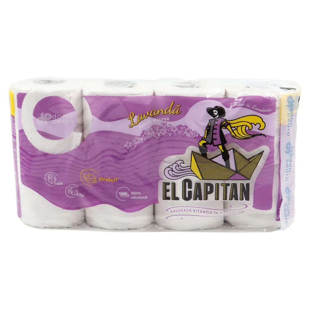 Hartie igienica Don Pedro El Capitan, lavanda, alb + lila, 3 straturi, 8 role