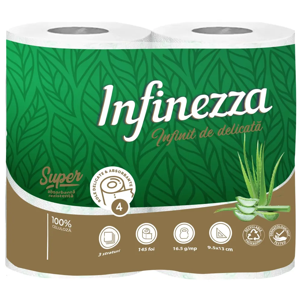 Hartie igienica Infinezza, parfumata, alb + verde, 3 straturi, 4 role