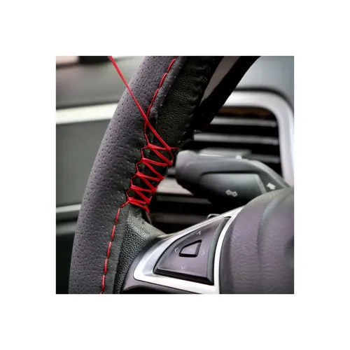 Husa volan auto din piele cu gaurele cu ac si ata negru cu cusatura rosie Premium marime M 38 cm — imaginea 4