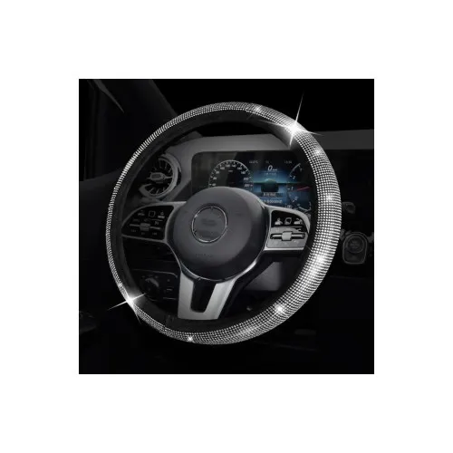 Husa volan auto negru cu strasuri argintii decorative marime M 37-39 cm — imaginea 3