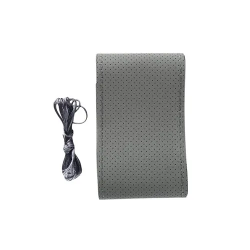 Husa volan auto piele perforata premium cu ac si ata gri cusatura gri marime M 38 cm — imaginea 2