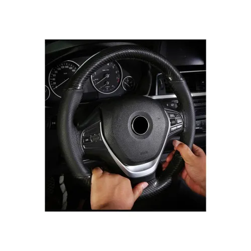 Husa volan auto piele perforata premium cu ac si ata negru carbon cusatura gri marime M 38 cm — imaginea 2