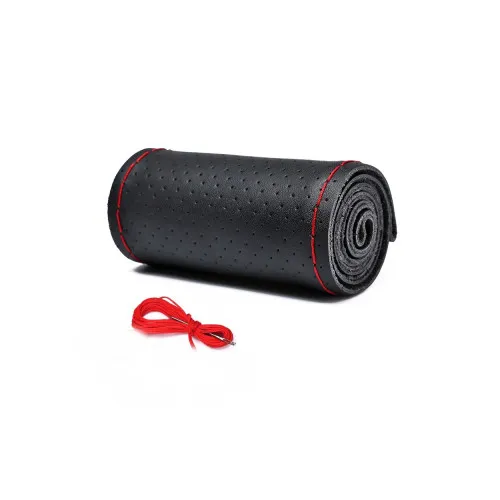 Husa volan auto piele perforata premium cu ac si ata negru cusatura rosie marime 2XL latime 11.5 cm
