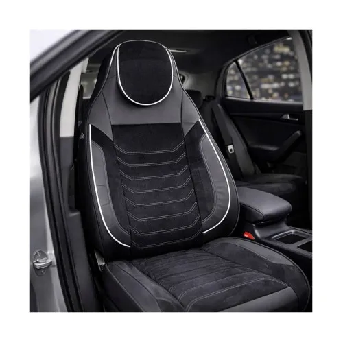 Huse scaune auto universale fractionate Premium cu tetiera fata incorporata negru cu cusatura alba — imaginea 2