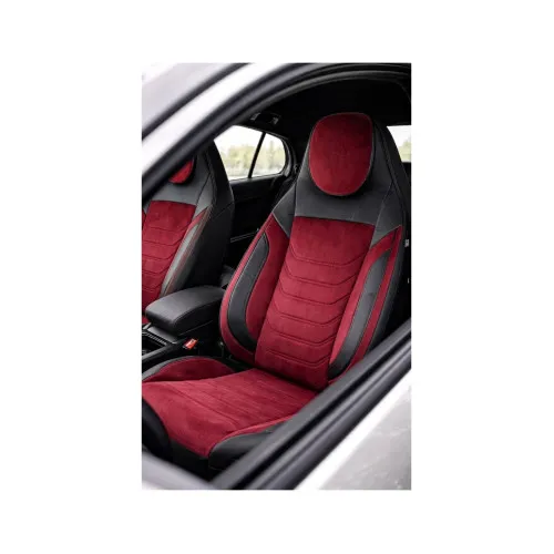 Huse scaune auto universale fractionate Premium cu tetiera fata incorporata negru cu visiniu — imaginea 2