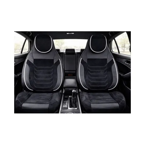 Huse scaune auto universale fractionate Premium cu tetiera fata incorporata negru cu cusatura alba — imaginea 4