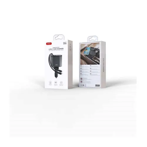 Incarcator auto 65W cu 2 cabluri retractabile Type C si Lightning USB-A si Type C negru 12-24V — imaginea 3
