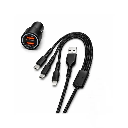Incarcator auto cu cablu 3 in 1 25W 4.8A 2 porturi USB Fast Charge negru 1.20 m 12V 24V