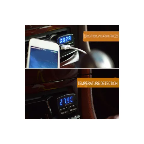 Incarcator auto negru 3 in 1 cu 2 porturi USB 3.1A 12V 24V voltmetru si termometru — imaginea 3