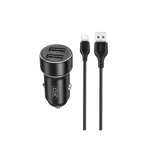 Incarcator auto XO 12W cu 2 porturi USB-A si cablu USB-A la Type C negru 1 m — imaginea 2