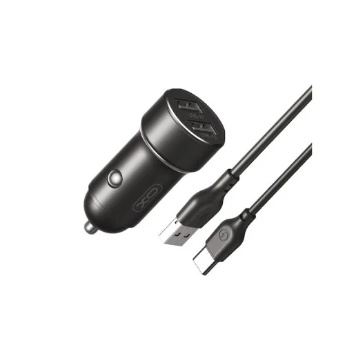 Incarcator auto XO 12W cu 2 porturi USB-A si cablu USB-A la Type C negru 1 m
