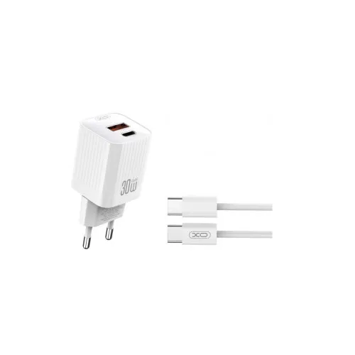 Incarcator retea GaN 30W PD cu 2 porturi USB-A si Type C cu cablu Type C inclus alb 1 m