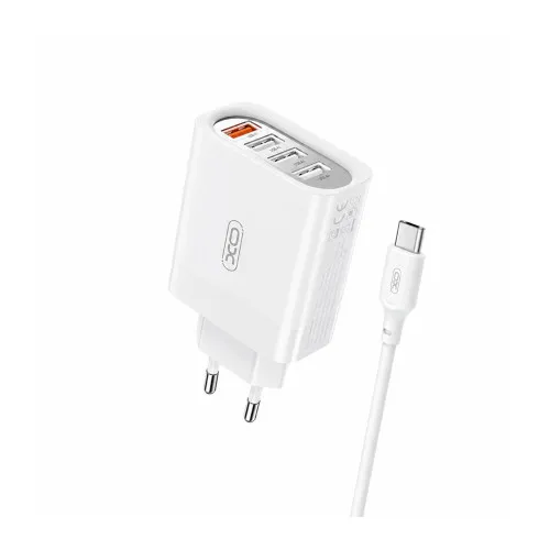 Incarcator retea XO 18W cu 4 porturi USB-A Quick Charge QC 3.0 si cablu USB-A la Type C alb 1 m