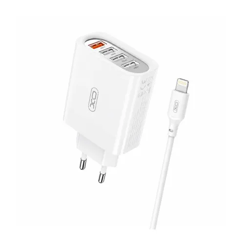 Incarcator retea XO 18W cu 4 porturi USB-A Quick Charge QC 3.0 si cablu USB-A la Lightning compatibil iPhone alb 1 m