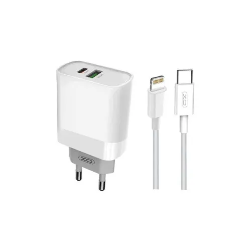 Incarcator retea XO Quick Charge QC3.0 20W cu 1 USB si 1 USB-C si cablu Type-C la Lightning 1 m alb