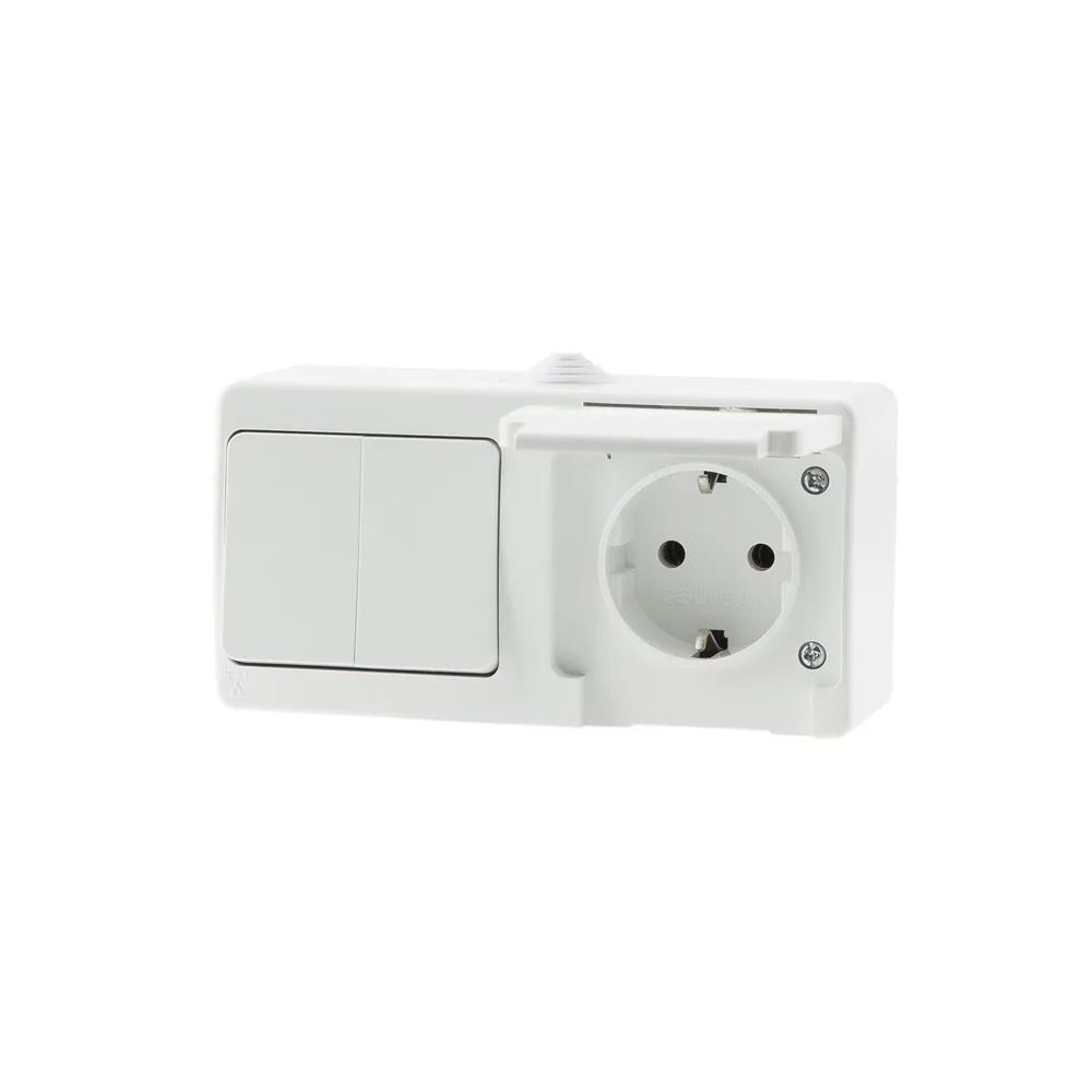 Intrerupator dublu si priza schuko simpla Gunsan Nemliyer, etans, montaj aplicat, exterior, IP54, alb