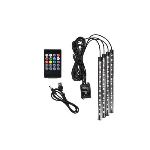 Kit lumini ambientale auto LED RGB 4 benzi 22 cm cu telecomanda si aplicatie Bluetooth