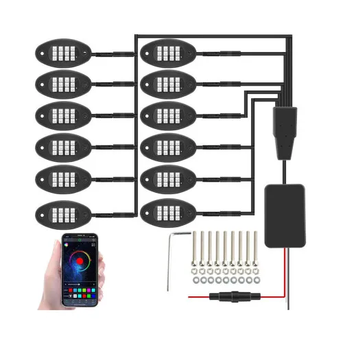 Kit lumini ambientale auto RGB Rock Light 12V 12 module 15 LED cu Bluetooth si telecomenzi — imaginea 3