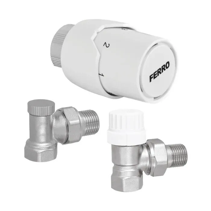 Kit robinet calorifer termostatat + robinet calorifer retur + cap termostat Ferro, alama, 1/2"