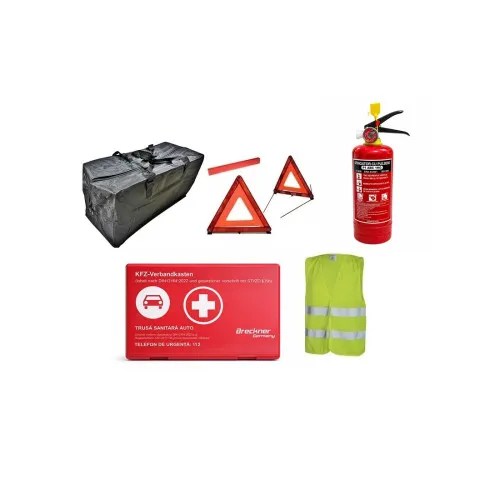 Kit siguranta auto complet trusa cutie rosie 2 triunghiuri stingator vesta geanta