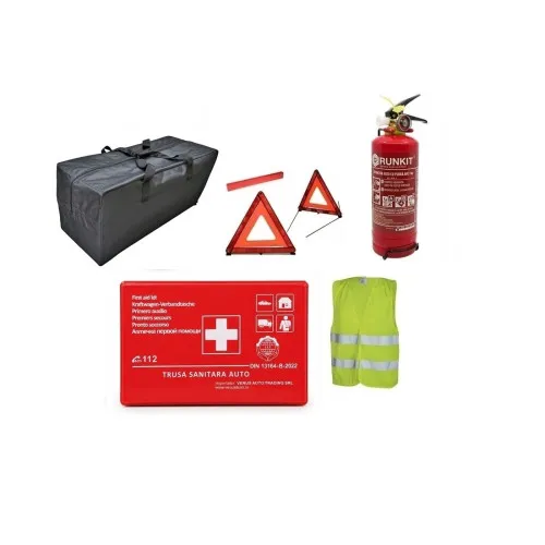Kit siguranta auto complet trusa cutie rosie 2 triunghiuri vesta geanta stingator cu manometru Runkit