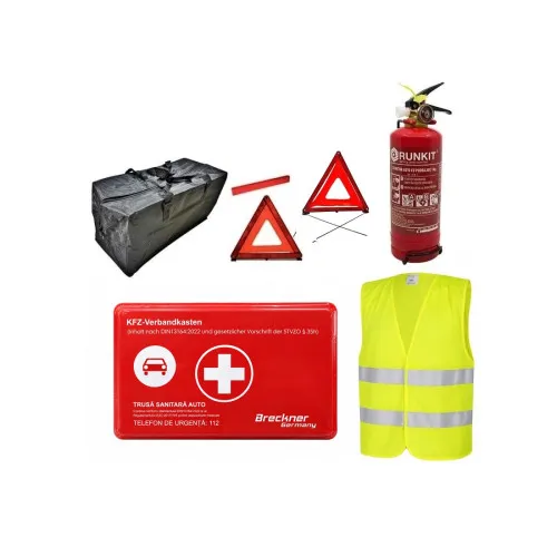 Kit siguranta auto complet trusa cutie rosie DIN 13164-2022 vesta 2 triunghiuri geanta stingator Runkit