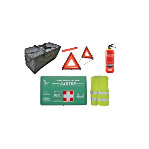 Kit siguranta auto complet Trusa cutie Verde, 2x Triunghiuri, Stingator, Vesta, Geanta