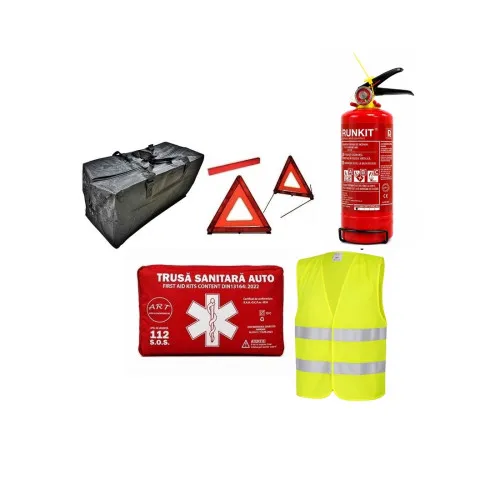 Kit siguranta auto complet trusa tip borseta omologata RAR 2 triunghiuri stingator Runkit vesta geanta