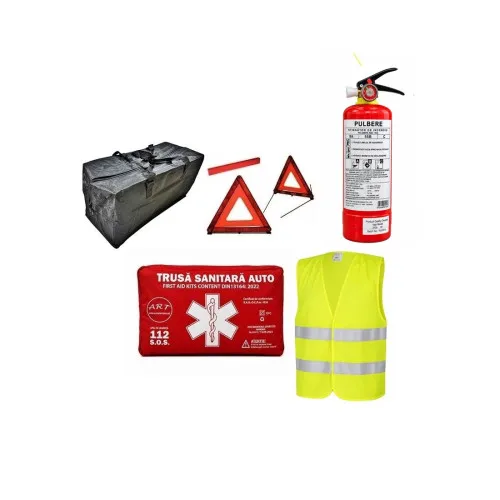 Kit siguranta auto complet trusa tip borseta omologata RAR 2 triunghiuri vesta geanta stingator A58