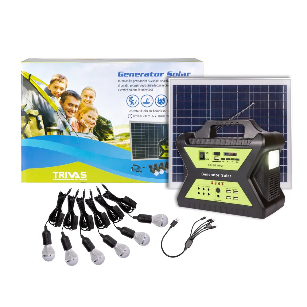 Kit solar fotovoltaic cu panou solar 30 W, acumulator 12V/17Ah, 6 becuri LED, lanterna, 4xUSB, radio FM & MP3 player