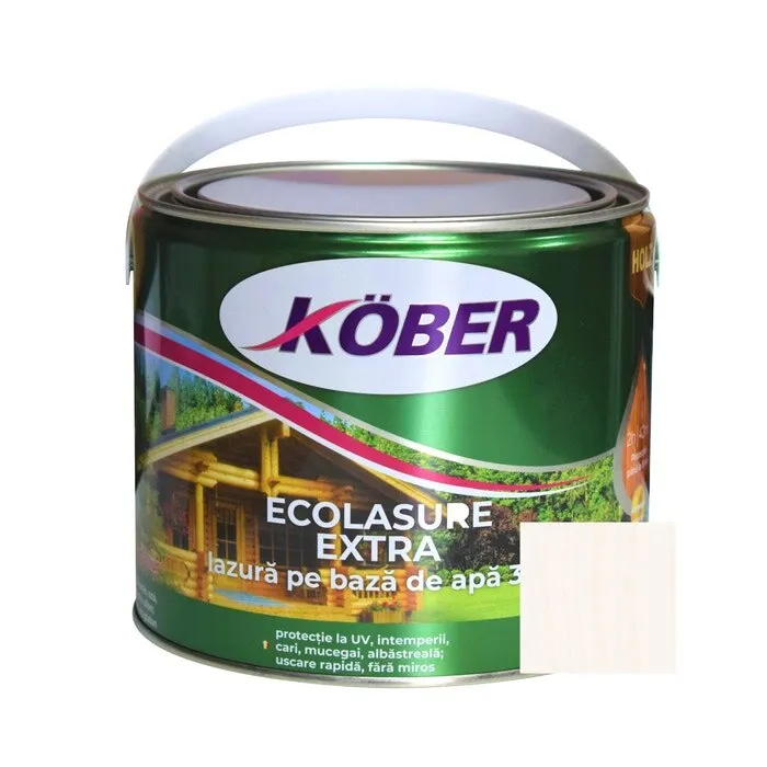 Lac / lazura 3 in 1 pentru lemn, Kober Ecolasure Extra, alb, pe baza de apa, interior / exterior, 2.5 L