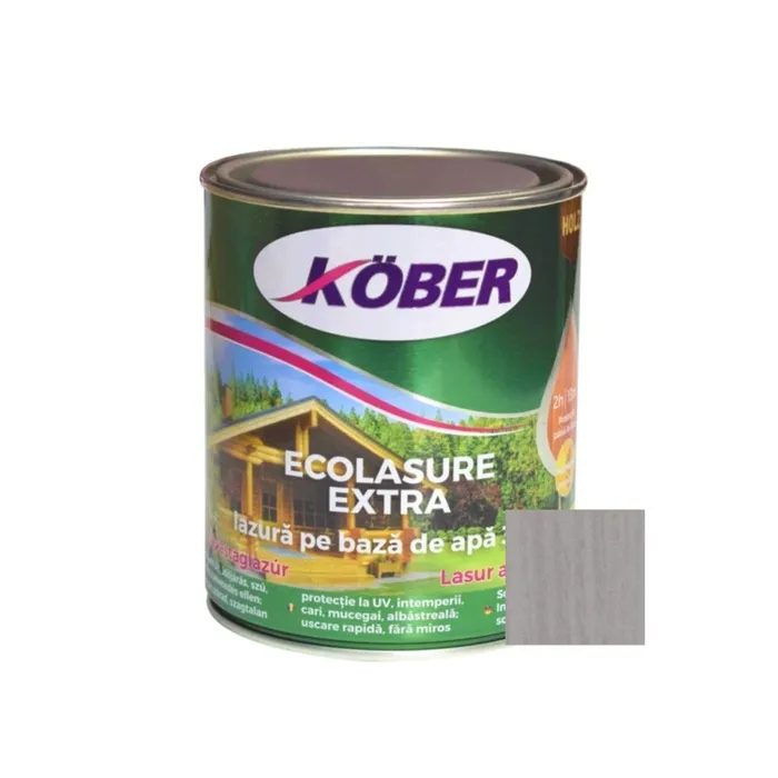 Lac / lazura 3 in 1 pentru lemn, Kober Ecolasure Extra, gri nordic, pe baza de apa, interior / exterior, 0.75 L