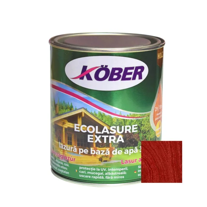 Lac / lazura 3 in 1 pentru lemn, Kober Ecolasure Extra, mahon, pe baza de apa, interior / exterior, 0.75 L