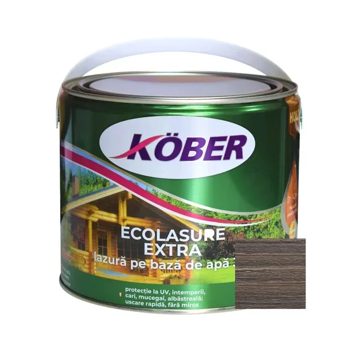 Lac / lazura 3 in 1 pentru lemn, Kober Ecolasure Extra, stejar gri, pe baza de apa, interior / exterior, 2.5 L