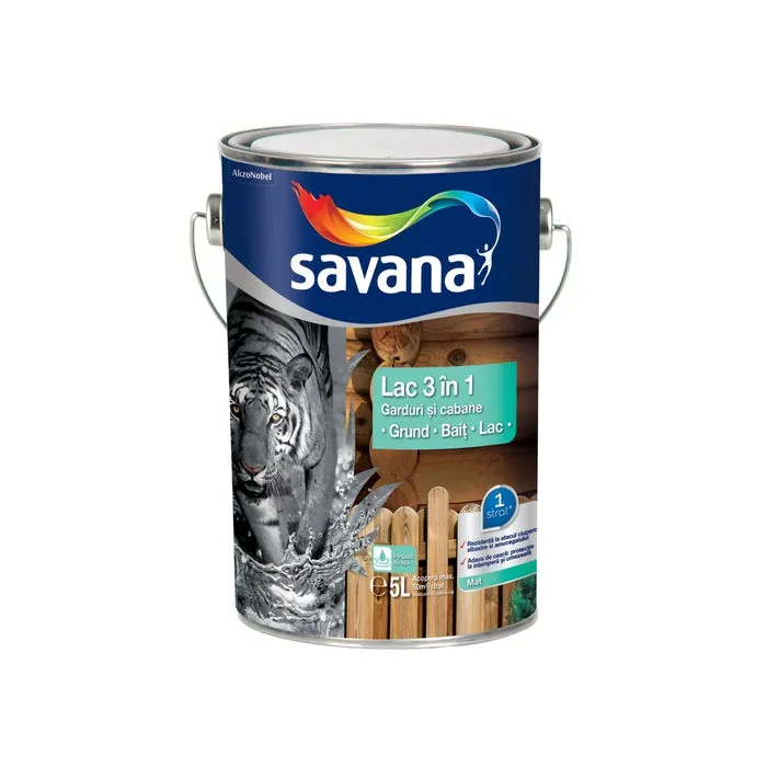 Lac pentru lemn, Savana 3 in 1 - garduri si cabane, mahon, pe baza de apa, interior / exterior, 5 L