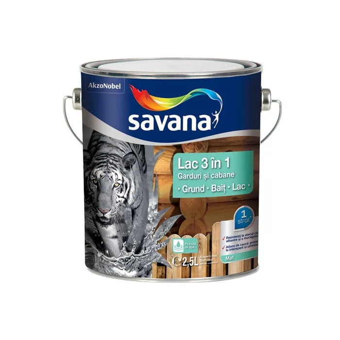 Lac pentru lemn, Savana 3 in 1 - garduri si cabane, tec, pe baza de apa, interior / exterior, 2.5 L