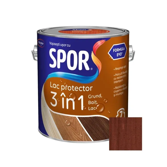 Lac protector 3 in 1 pentru lemn, Spor, mahon inchis, lucios, interior / exterior, 2.5 L