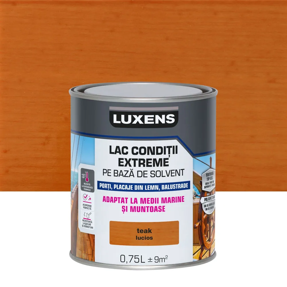 Lac protector lemn Luxens, pentru conditii extreme, pe baza de solvent, lucios, teak, 0.75 L