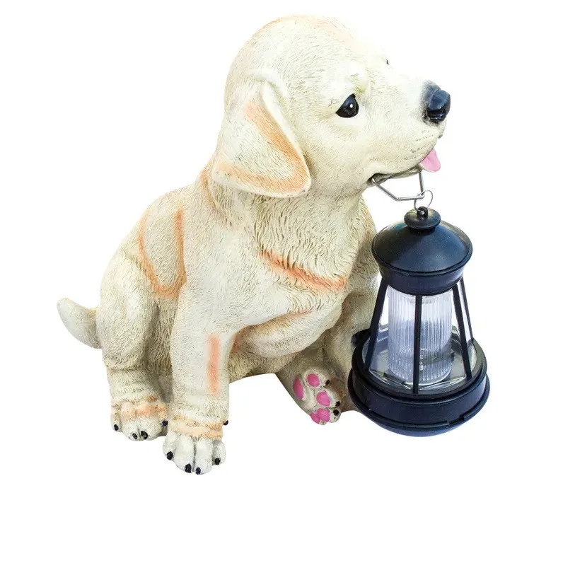Lampa solara LED, caine cu felinar, rasina, plastic, H 24.5 cm, crem + negru, exterior