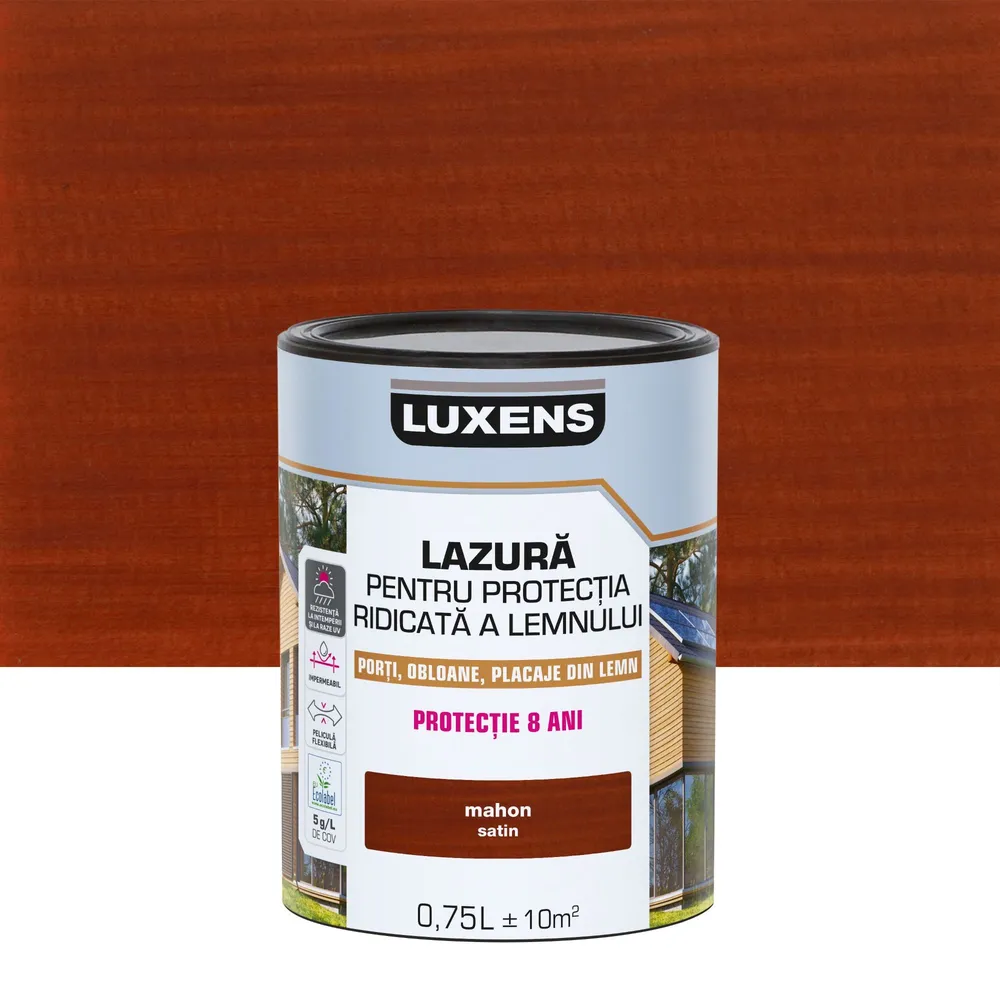 Lazura lemn Luxens, pe baza de apa, pentru protectie ridicata, exterior, mahon, 0.75 L