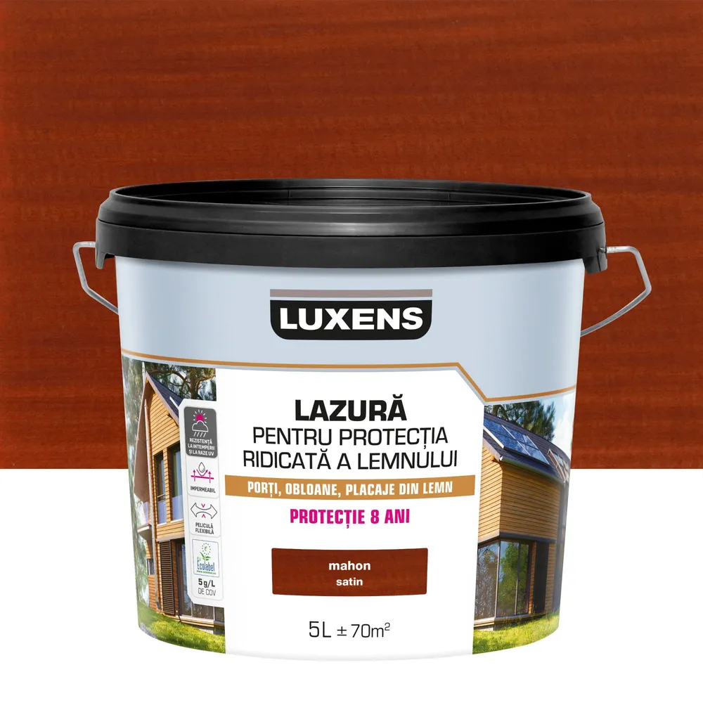 Lazura lemn Luxens, pe baza de apa, pentru protectie ridicata, exterior, mahon, 5 L