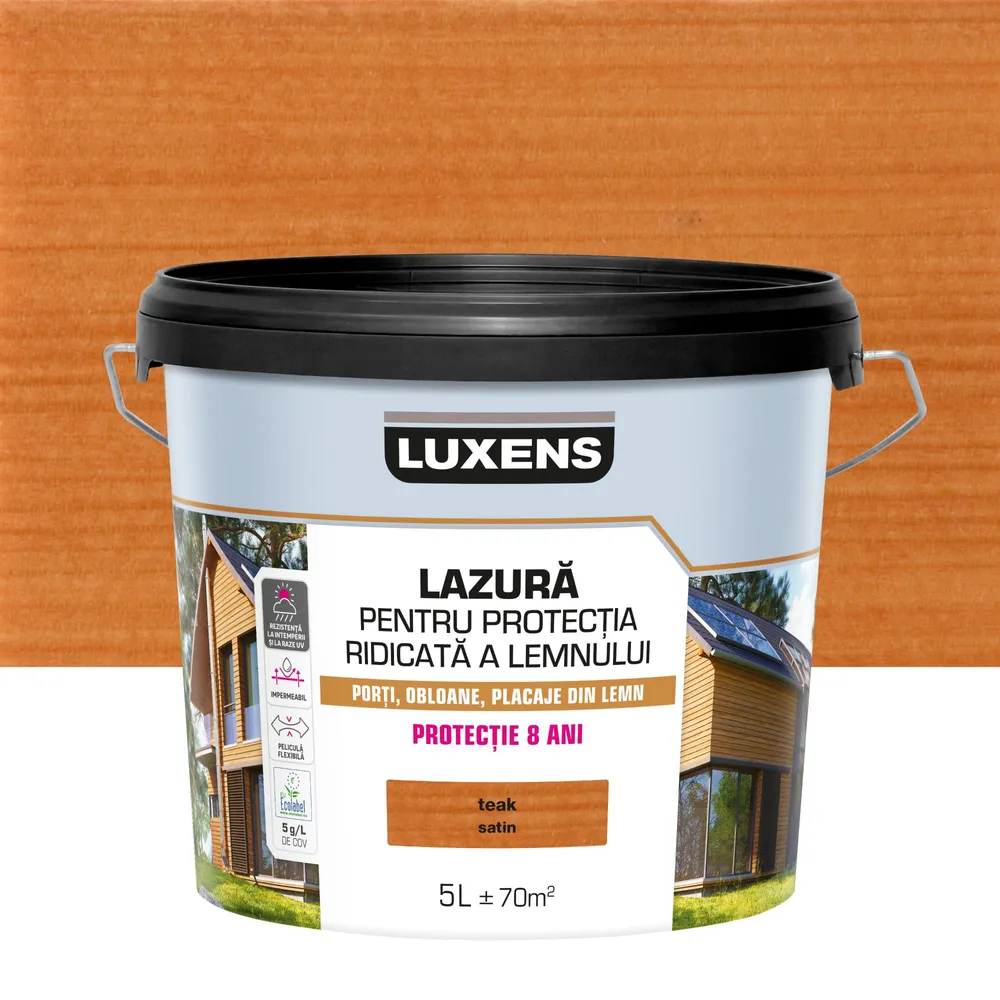 Lazura lemn Luxens, pe baza de apa, pentru protectie ridicata, exterior, teak, 5 L