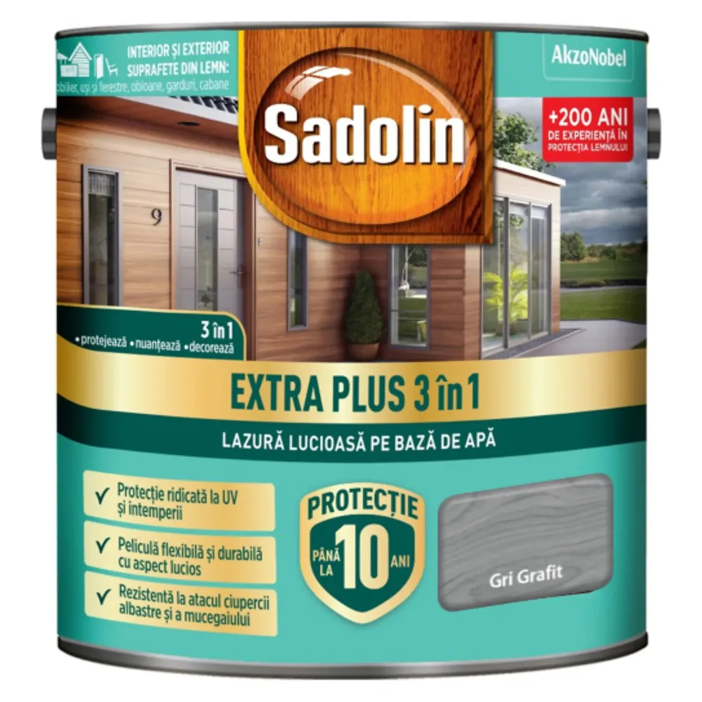 Lazura lucioasa pentru lemn, Sadolin Extra Plus 3 in 1, pe baza de apa, gri grafit, interior / exterior, 2.5 L